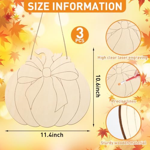 Unfinished Fall Wreaths Wood Crafts to Paint Set of 3, 11" Bulk Autumn Pumpkin Wreath Ornaments for Painting, Unfinished Wood Cutouts DIY Ornaments for Front Door with Ropes