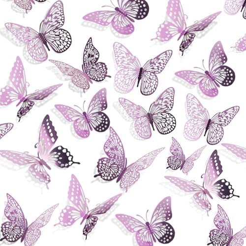 SAOROPEB 3D Butterfly Wall Decor 48 Pcs Lavender Butterfly Decorations | 4 Styles 3 Sizes, Butterfly Birthday Decorations Butterfly Party Decorations Cake Decorations, Removable Stickers