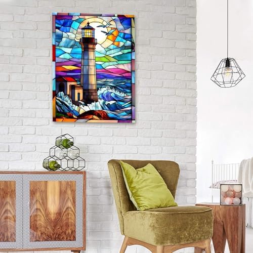 DIYDECORFUN Lighthouse Diamond Art Kits for Adults,DIY 5D Stained Glass Lighthouse Diamond Painting Kit for Beginners,Full Round Drill Landscape Dot Mosaic Gem Art for Home Wall Decor12X 16Inch