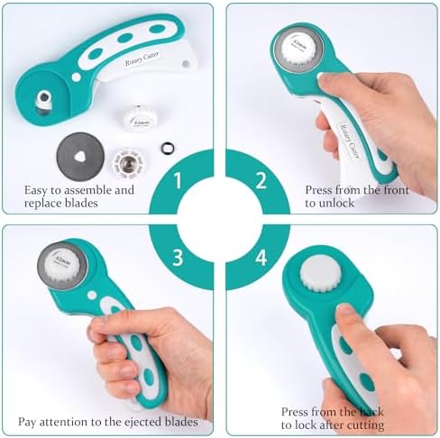 45mm Rotary Cutter for Fabric with 5 Extra Blades, Roller, with Safety Lock