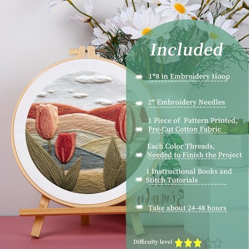FONNUY Embroidery Kit for Beginners, Tulips Flowers Pre-Stamped Pattern Kits for Adults with Hoop, Easy to Follow Color Thread Needlework, 8'' Hoop (Orange)
