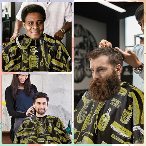 Professional Hair Cutting Cape with Neck Duster Brush, Large Size Salon Barber Cape for Men, Women and Kids(Yellow Barber Supplies Pattern)