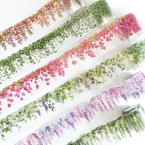PET Tape Stickers for Journaling 6 Rolls Flower Washi Tape Stickers Decorative Tape for Crafts Scrapbooking Junk Journal Supplies, Flower Vine