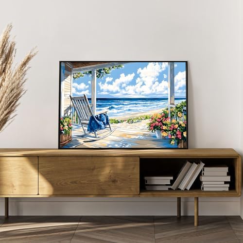 Framed Paint by Numbers Kit for Adults, Coastal Beach House 8x12 Inch