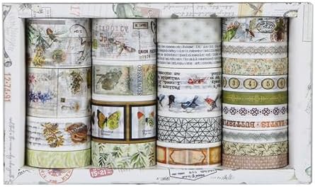 Vintage Washi Tape Set - 24 Rolls Arts Adhesive Tapes Assorted Retro Decorative Masking Tape Sets for Craft, Kids, Scrapbook, DIY, Gift Wrapping (4-Nature Journal)