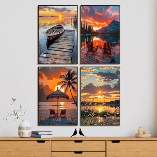 4 Pack Framed Paint by Numbers Kit for Adults with Wooden Easel, Sunset | With Frame, Lake Landscape DIY Acrylic Painting, For Adults Beginner, Stress Relief Craft Kits, Home Wall Decor Gift, 8x12 IN