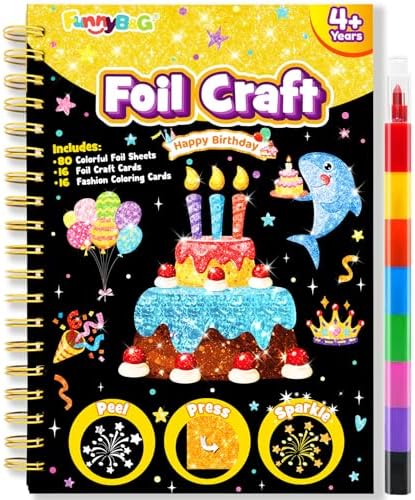 FUNNYB&G Foil Art Craft Kit for Kids, Sparkly Birthday Gift Toy for Kids | No Mess, Kids Ages 4-10 Create Sparkling Artwork, A Creative Gift for Birthdays, Holidays, Travel Activities,Screen-Free Fun
