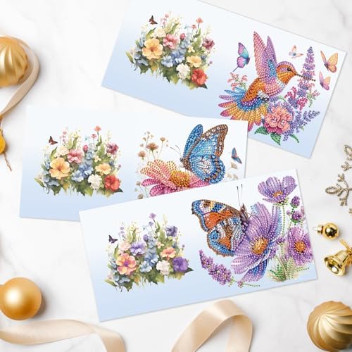 LazyFold 6 Pcs Diamond Painting Greeting Cards Kits for Adults,DIY Animals and Flowers Handmade Festival Greeting Cards withEnvelopes DIY Diamond Art Crafts Birthday Cards Creative Gift
