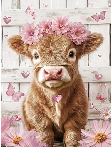Yezavesu Highland Cow Diamond Art Kits for Adults Beginners 12x16 Inch | Cute Pink Cow Diamond Painting Kit, DIY 5D Full Round Drill Gem Art, Stress Relief Craft Kits, Home Wall Decor Gift