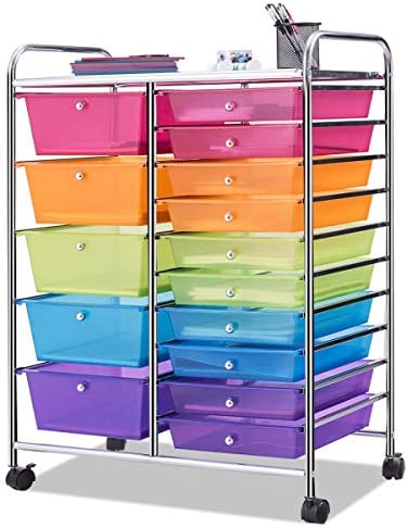 Giantex 15 Drawer Rolling Storage Cart Tools Scrapbook Paper Office School Organizer, Multicolor