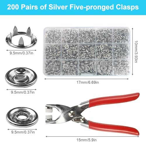 200 Sets Snaps for Fabric, Metal Snaps Buttons with Fastener Pliers Press Tool Kit for DIY Crafting, Clothing, Buttons for Clothes Sewing (9.5mm)