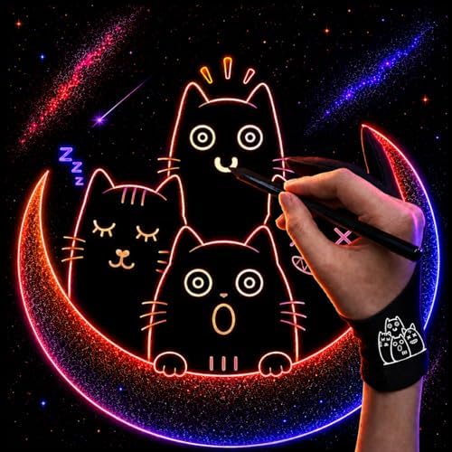 Mood Cats Drawing Glove: 3-Layer Palm Rejection for iPad & Drawing Tablet | Smooth-Glide & Breathable Artist Glove for Digital Art, Two-Finger Design, Fits Left & Right Hand, 2-Pack + Cleaning Cloth