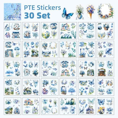 Blue Butterfly Garden Theme Sticker Scrapbooking Supplies for Junk Journal, 30 Sheets PET Stickers - Vintage Journaling Stickers, Ephemera Sticker Book Pre Cut(TZ-005-002)