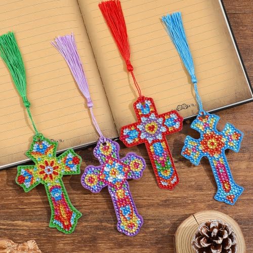 4 Pcs Cross 5d Diamond Art Bookmarks, DIY Acrylic Crystal Christian Bookmark with Tassel, Handmade Crafts Religious Book Mark Gift for Book Lovers Women Girls Teenagers Creative Decor