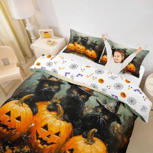 Erosebridal Halloween Black Cat Duvet Cover Queen Size Witch Hat Pumpkin Bedding Set for Adults Teens Women Horror Halloween Comforter Cover Vintage Oil Painting Bedclothes Room Decor