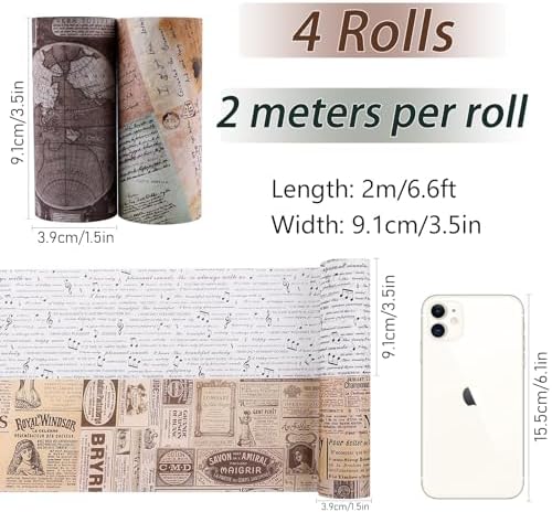 Dizdkizd Vintage Wide Washi Tape Set Map Newspaper Masking Tapes Stickers for Junk Journals, Scrapbooks, Arts & Crafts Tape, Great for Making Cards, Collages, Gift Wrapps, 3.5 Inches × 4 Rolls