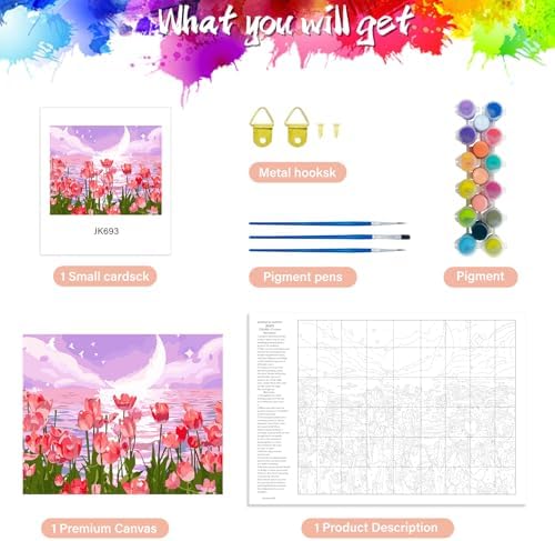 Yunnuo Paint by Numbers Kit for Adults, Tulip Flowers Paint by Number for Beginners, DIY Seaside Scenery Acrylic Number Painting on Canvas, Great Gifts Decor (16 x 20 Inch)