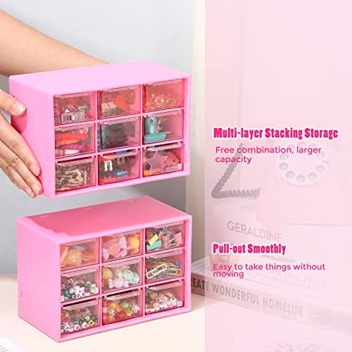 Marsui 4 Pack Desktop Storage Organizer with 9 Drawers Craft Organizer with Mini Drawers Plastic Organizers and Storage Containers for Craft Art Jewelry Cosmetics Sewing Supplies Accessory(Rose Pink)