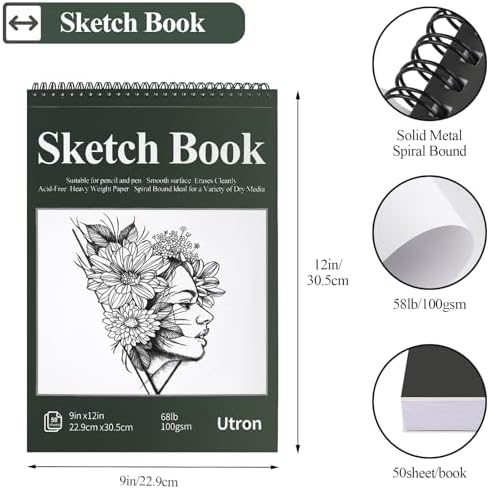 Utron 9"x12" Sketchbook Drawing, Top Spiral Sketching Pad, 100GSM/68LB Acid Free Art Sketching Pad, Drawing Paper, Beginner Artist (50 Sheets, White) (Pack of 2)