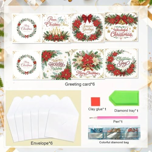 BAYUNOE 6Pcs Christmas Diamond Art Painting Greeting Card Kit with Envelope
