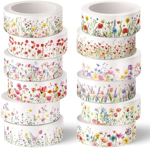Whaline 12 Rolls Wildflower Washi Tape Floral Masking Tape Set Colorful Flower Decorative Wrapping Paper Tapes Boxed for Spring Scrapbook Journal DIY Crafts