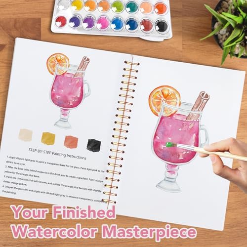 Easy Watercolor Workbook for Beginners - 12 Beautiful Step-by-Step Paintings Water Coloring Book, Includes 16 Colors Paints, Relaxing Art Projects and Creative Gift for Adults & Teen (Cocktails)