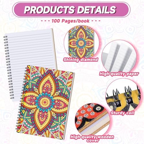 Fullhawl 6 Pack 5D DIY Diamond Art Crafts Kit for Adults Office Supplies Beginner A5 Leather Diamond Painting Gift for Women Art Cover Craft Accessories with Tool (Mandala)