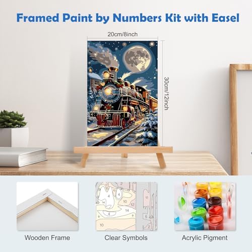 MOGTAA Christmas Paint by Numbers Kit for Adults Beginners with Frame, Christmas Train Adult Paint by Number Kits on Canvas with Easel, Easy DIY Winter Oil Painting Kits for Home Decor, 8x12in