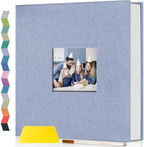 Popotop Photo Album Self Adhesive with Picture Display Window,40 Pages DIY Scrapbooking Supplies Kit for 4x6 10x12 Picture,Linen Cover Memory Book for Baby Wedding, with Scraper and Metallic Pen