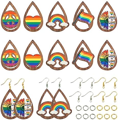 40pcs Gay Pride Wooden Earring Charms Rainbow Flat Teardrop Wood Pendants with Ear Hooks & Jump Rings for Pride Events Gay Month Parade DIY Jewelry Hanging Ornament Making