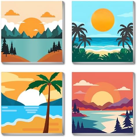 FQOVKYN 4 Framed Landscape DIY Paint by Numbers Kit for Adults Beginner, Sunset Easy Painting by Number with Frame, Acrylic Paint Kit Arts and Crafts for Adults for Decor 8x8inch