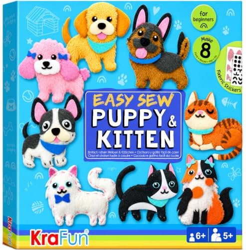 KRAFUN Puppy & Kitten Sewing Kit for Kids Ages 6+ | 8 Dolls