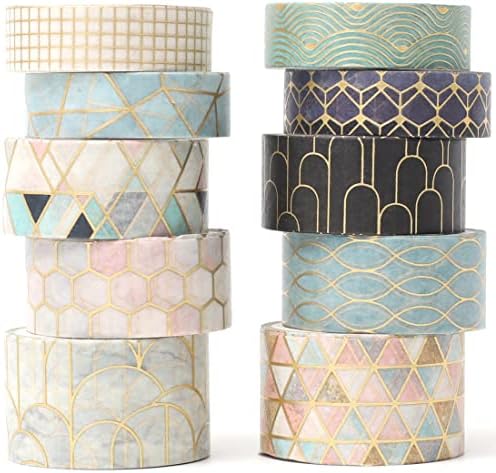 Creative Washi Tape Set 10 Rolls Gold Foil Print Decorative Masking Tapes for Arts, DIY Crafts, Journals, Planners, Scrapbook, Wrapping (Geometric Order)