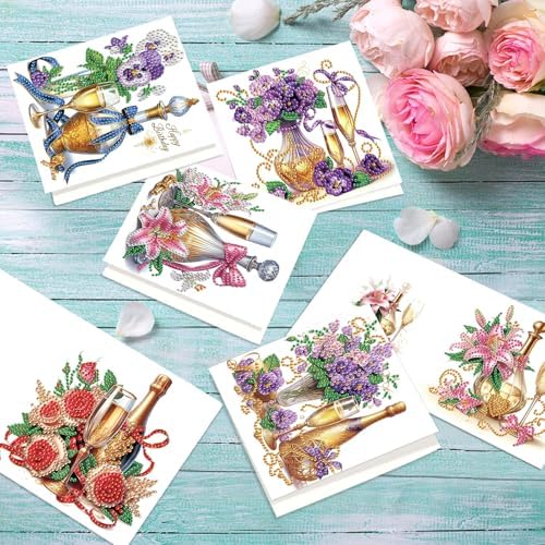 C'eitura 12Pcs Floral Drink Diamond Art Painting Greeting Card Kit with Envelopes, DIY Flower-Themed Beverage Card Making Set for Christmas Birthday Thanksgiving, Creative Handmade Card Craft