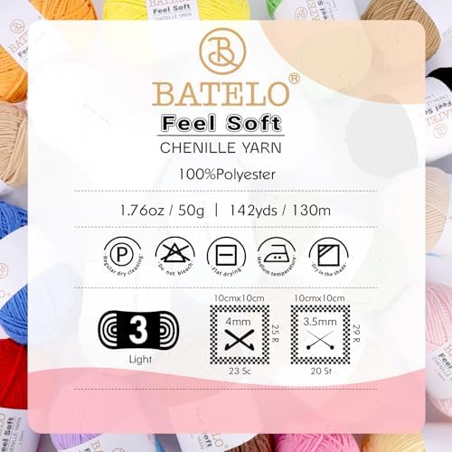 Thin Chenille Yarn for Crocheting & Knitting, Soft Plush Yarn for DIY Crafts, Amigurumi, Home Decor - 3 Light - 4 Pack of 1.7oz/142yds - Red