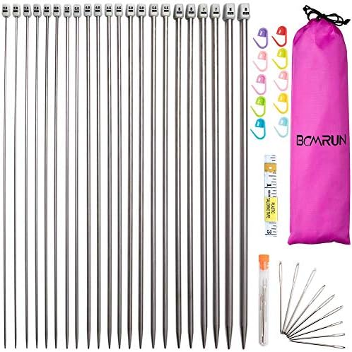 Knitting Needle Set, BCMRUN 22PCS 2mm(B)-8mm(L) Straight Single Pointed Stainless Steel Sweater Needles Set(11Pair-11 Size,9.8 inch) with Locking Stitch Makers Large-Eye Needles Measure Tape (25CM)