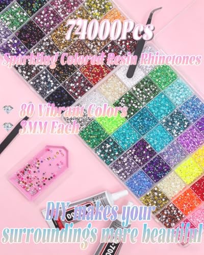 80 Colors 74000Pcs 3mm Bedazzling Kit, 50ml B7000 Glue&Tools for DIY