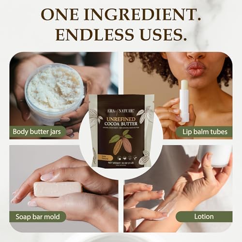 Era of Nature Cocoa Butter Raw – 100% Pure & Unrefined, Cold-Pressed Cacao – For DIY Skincare & Haircare – Deep Hydration for Skin, Hair, Lips – Stretch Mark & Scar Care – Natural Chocolate Scent, 8oz