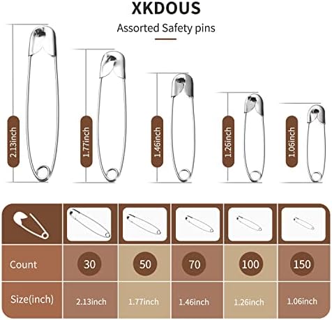 XKDOUS 400 Pack Safety Pins, 5 Universal Sizes Heavy Duty Pins for Clothes