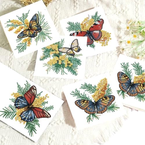LSQFS 6Pcs Butterfly Flower Diamond Painting Greeting Cards Kits,5.9*5.9in