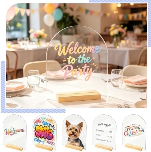 Bercoor 5 Pack 8x10 Inch Blank Clear Arch Acrylic Sign with Wooden Stands, Arched Round Top Acrylic Sheet, Arch Table Numbers for DIY Name Card Gifts Event Party Sign Decoration