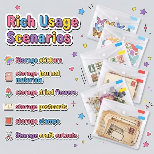 Sticker Organizer, Clear Plastic Envelopes with Snap, 12 Pack Waterproof and Durable for Sticker Storage, Scrapbook Storage, Washi Tape, Scrapbooking & Stamping Supplies (7 x 9.5 Inches)