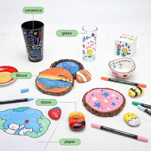 Craiiby 60 Colors Dual Tip Acrylic Paint Pens, Fine Tip & Dot Tip Acrylic Paint Markers, Water-Based Permanent Paint Pens for Rock Painting, Canvas, Glass, Ceramic, Wood, DIY Craft Art Supplies