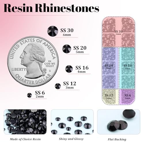 Resin Rhinestones for Crafting with 3Pcs 10ml B7000 Jewelry Glue, 1 Box Black Flatback Gems Crystals Diamond for Bedazzling Crafts DIY Nail Art Makeup, Gems for Clothing Tumblers Shoes