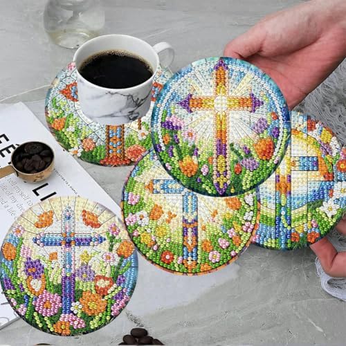 8 Pcs Christ Cross Diamond Art Coasters Kits 4x4 inch (Cork Wooden Pad)