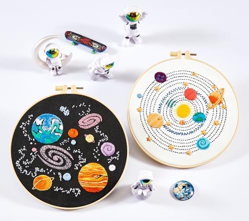 Armindou Embroidery Kit for Adults Beginners, Hand Embroidery Starter Kit with Solar System Patterns, Counted Stamped Cross Stitch Needlepoint Kit for Beginner Adult, 2 Set Embroidery Supplies/Hoop