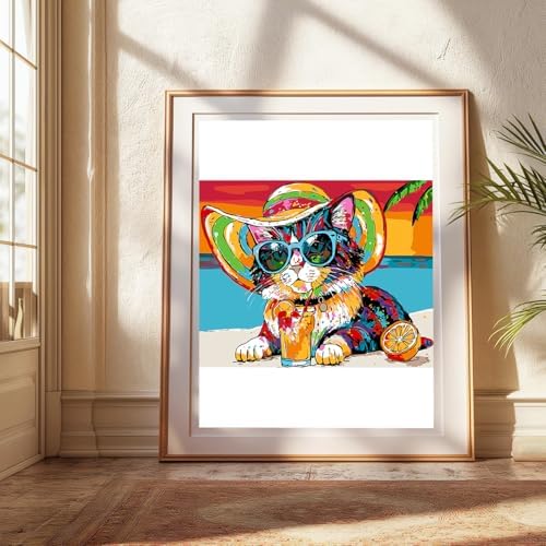 Paint by Numbers Kit for Adults Beginners,Abstract Beach Vacation Cat Frameless Beginner DIY Acrylic Watercolor Oil Painting,Animal Digital Painting for Home Wall Decoration and Gifts (16x20 inches)