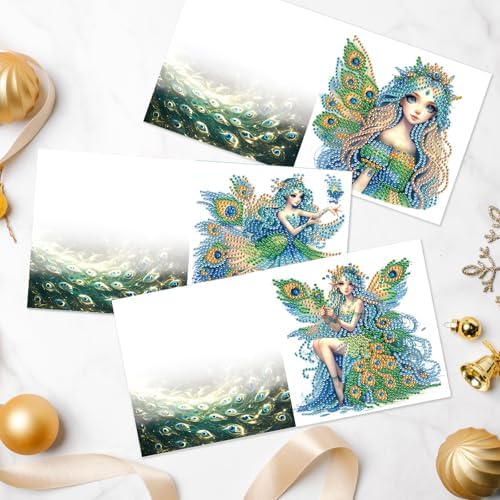 Tontut 6pcs Diamond Art Painting Kit Greeting Card, Green Angel Butterfly 5D DIY Diamond Handmade Holiday Greeting Card with Envelope, Holiday Gift Congratulations