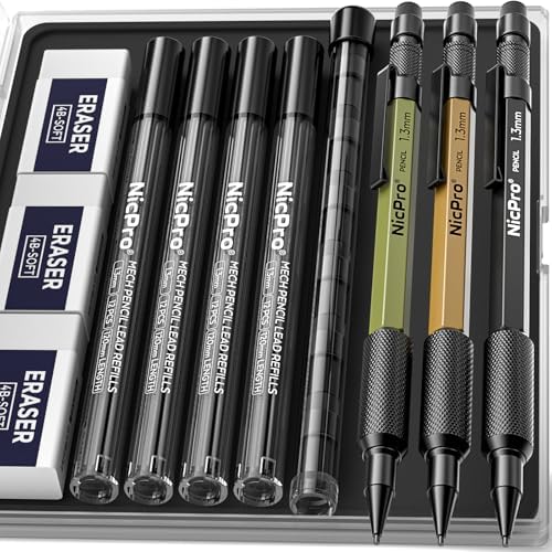 Nicpro 3 PCS 1.3 mm Mechanical Pencil Set with 48 Lead Refill, 3 Eraser