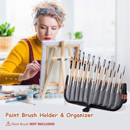 Paint Brush Holder Case for Artists with 22 Slots, Brush Organizer with Pop-Up Stand, Travel Paintbrush Storage Bag for Acrylic Oil Watercolor, Zippered Art Brush Cover (Brushes Not Included)
